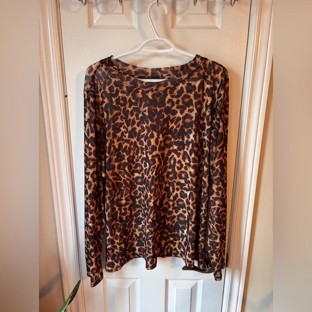 ELOQUII Sheer Leopard Print Long Sleeve Top